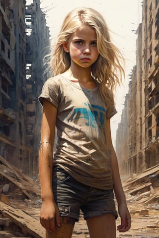 full body Masterpiece of a slim (11 year old), blond, (european), ((dirty)), (girl), ((dirty face)), sad and angry face, looking at camera, ((dirty hair)), ((matted hair:1.5)), ripped_clothes, ((dirty_clothing:1.5)), without shoes, ((barefoot)), standing in the ruins of a futuristic megapolis, junk in the streets, on a very hot day, pencil sketch, pen, acrylic, ink, drawing, painting, full body, perfect light, highly detailed, coloration, beautiful face,AngelicStyle