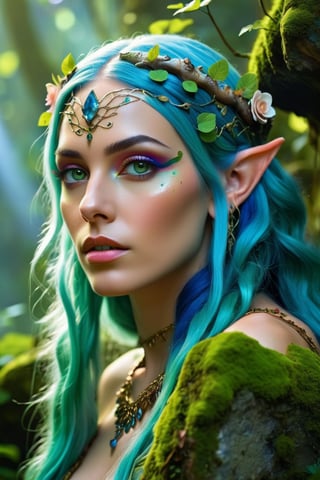 Intricate detailed image of a beautiful elven princess in a jungle, her face is ultrarealistic and hyperdetailed, sharp focus on eyes, green eyes, flowy blue hair, colorful flowery vines cascading down, seated on a mossy rock, mushrooms, sense of beauty and inspiration, perfect anatomy, ,cyberpunk style, cinematic results, colorful, 8kUHD, golden hour, green eyes ,colorful, steam swirling