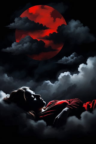 Silhouette, a girl sleeping in the clouds, moody sad dark atmosphere, black background, dark paintbrush, Red over black, 2D