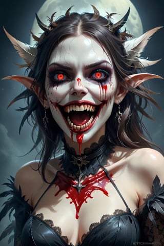 Horrifying dark art, portrait full face painting of a beautiful, creepy, scary female vampire showing ((fangs)), white face, blood in the mouth, blood dripping from teeth, still frame with 1200k ultra high detailed eyes face skin, ((volumetric lighting, insane details, intricate textures, perfect details), hd, masterpiece, award-winning photograph, (ultrarealistic, natural feather structure, detailed textures), [by Caravaggio], beautiful 1200k sharp eyes, 1200k sharp high detailed nose, Halloween ultra realistic, concept art, intricate details, eerie, highly detailed, photorealistic, octane render, 1200 k, unreal engine. art by artgerm and greg rutkowski and alphonse mucha, filipe pagliuso and justin gerard, fantasy, highly detailed, realistic, intricate, glowing eyes, The Void, Terrifying Darkness, Absolute Nothingness, by Keith Thompson and Neil Blevins, Digital Horror Artwork, 8k vampire Halloween theme,monster,whiteeyes