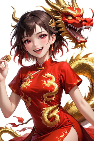 (masterpiece), 1girl in red chinese dress, with a golden dragon, blush, open mouth, smile