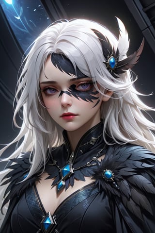 high quality, high detail, masterpiece, beautiful, (general plane ), 1 girl, large white hair, dark clothes whit dark feather details, covered eyes with a cloth dark, animeliner, desillusionRGB, portrait, sad, closeup, sci-fi, fantasy,