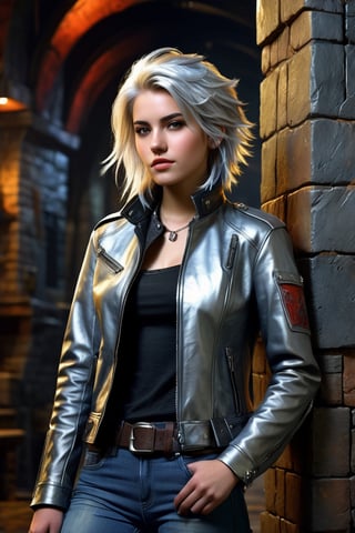 highly detailed, rpg style, beautiful young woman, 20 years old, metallic silver hair, casual shirt, leather jacket, jeans, boots, ultra detailed face, (very detailed hair), rebels shelter background, fusion of final fantasy videogame and dungeon & dragons realm, high contrast, flat colors, cel shaded, by Richard Anderson,Magical Fantasy style,3d toon style,portraitart