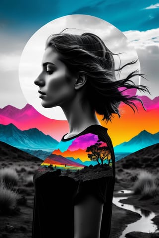 Masterpiece double exposure of a girl silhouette with monochrome apocalypse aftermath and a colorful natural landscape in the underlying backdrop, sharp contrast, detailed crisp lines, in focus, double exposure, by Skyrn99, high quality, high detail, high resolution