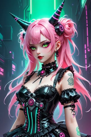 kawaii robotic cyberpunk Lolita girl, with led plastic horns, view from below,Depth and Dimension in the green Pupils, gracefully crystalline cheeks, her attire adorned with intricate pink lace and dark, ethereal fabrics,elegantly complement her elaborate hairstyle, creating a mystical and captivating presence,eyes reminiscent of acyberpunks's gaze, exude an otherworldly charm, adding a touch of fantasy to the Gothic Lolita aesthetic,The fusion of traditional Lolita elements with cyberpunk-inspired details results in a unique and enchanting character,cyber-themed,goth person,lolita_fashion,echmrdrgn, (cyberpunk colors, grunge but extremely beautiful:1.4), dark futuristic background,