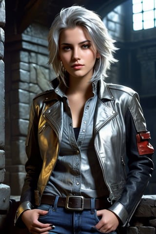 highly detailed, beautiful young woman, 20 years old, metallic silver hair, casual shirt, leather jacket, jeans, boots, ultra detailed face, (very detailed hair), rebels shelter background, fusion of final fantasy videogame and dungeon & dragons realm, high contrast, flat colors, cel shaded, by Richard Anderson,Magical Fantasy style,portraitart