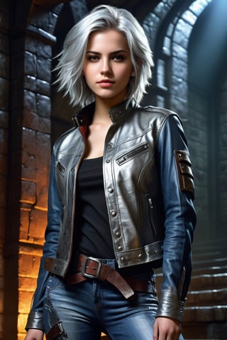 highly detailed, beautiful young woman, 20 years old, metallic silver hair, casual shirt, leather jacket, jeans, boots, ultra detailed face, (very detailed hair), rebels shelter background, fusion of final fantasy videogame and dungeon & dragons realm, high contrast, flat colors, cel shaded, Magical Fantasy style,portraitart