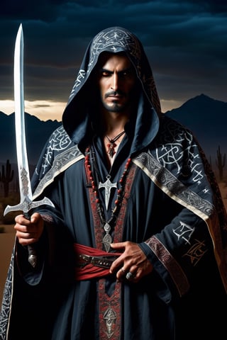 Middle Eastern-inspired vampire hunter, in the vein of Van Helsing, exuding an air of mystery and danger. Picture him clad in intricately embroidered robes, adorned with symbols of protection against the undead. His face obscured by a traditional keffiyeh, revealing only steely determination in his eyes. In one hand, he wields a curved scimitar, while the other holds a gleaming silver dagger, both engraved with ancient runes for banishing vampires. Behind him, the dusky skyline of a desert city looms, adding to the atmosphere of suspense and intrigue. Capture the essence of this enigmatic figure as he prowls the shadows, ready to confront the supernatural threats that lurk in the night. Dark Fantasy