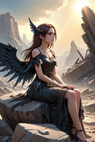 masterpiece, impastel, cinematic lighting, dynamic rays, medium shot, hyperdetailed, 1 girl, long brown hair, black eyes, wear dress, sitting on rock side view, shivering(hold arms)(hide face), black wings spread, wasteland as background, trending artstation, fully rendered(expressive)