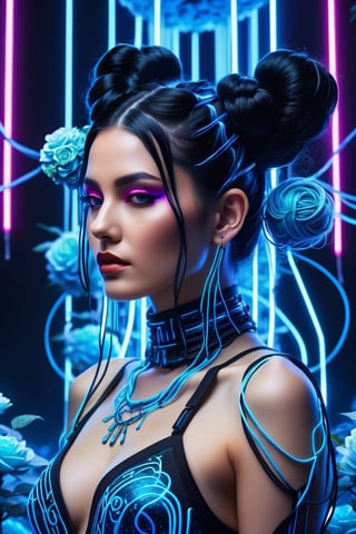 best quality, 8K, highres, masterpiece), ultra-detailed, cyberpunk woman adorned with long black hair fashioned into space buns. In this ethereal scene, she embodies the role of the goddess of horticulture, surrounded by millions of microscopic, ultra-bright blue neon strings emanating from her form. composition showcases a stunningly beautiful backlit silhouette, intricately detailed and adorned with neon clouds, creating a mesmerizing and vivid blue color palette.