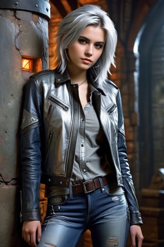 highly detailed, beautiful young woman, 20 years old, metallic silver hair, casual shirt, leather jacket, jeans, boots, ultra detailed face, (very detailed hair), rebels shelter background, fusion of final fantasy videogame and dungeon & dragons realm, high contrast, flat colors, cel shaded, Magical Fantasy,portraitart