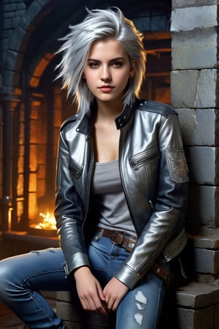 highly detailed, beautiful young woman, 20 years old, metallic silver hair, casual shirt, leather jacket, jeans, boots, ultra detailed face, (very detailed hair), rebels shelter background, fusion of final fantasy videogame and dungeon & dragons realm, high contrast, flat colors, cel shaded, Magical Fantasy style,portraitart