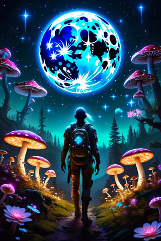 Bioluminescent planet covered in glowing flowers and mushrooms, two moons, glittering stars,ghost person