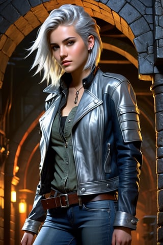 highly detailed, rpg style, beautiful young woman, 20 years old, metallic silver hair, casual shirt, leather jacket, jeans, boots, ultra detailed face, (very detailed hair), rebels shelter background, fusion of final fantasy videogame and dungeon & dragons realm, high contrast, flat colors, cel shaded, by Richard Anderson,Magical Fantasy style,3d toon style,portraitart