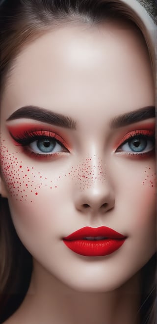 A young stunning model girl with intricate stippling, showcasing the artistic technique that uses small, isolated dots of colorful ink or paint. The dots create a detailed portrait, with varying densities to capture the light and shadow play beautifully. glitch screen, vfx, glowing retina, glwoing eyes, model face, cat_eye, red_lips, large_eyes,