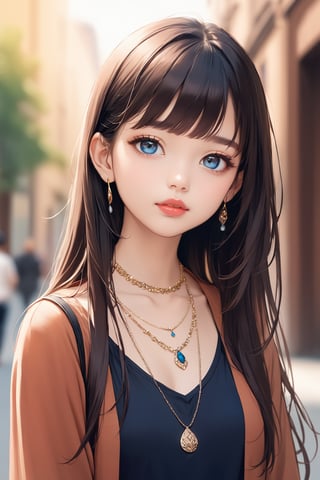 1girl, kid, solo, long hair, looking at viewer, blue eyes, brown hair, black hair, jewelry, upper body, necklace, blurry, lips, blurry background, 