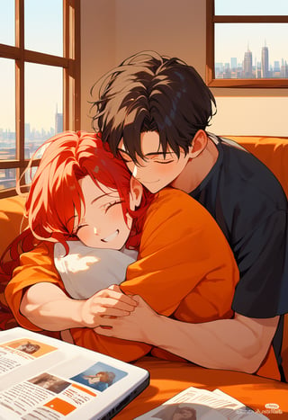 score_9, score_8_up, score_7_up, score_6_up, score_5_up, score_4_up,

1girl (red hair), long_hair, hug, 1boy (black hair), a very handsome man, boy and girl lying on the orange couch, inside of department, boy hugs the girl from behind, covered with a brown blanket, eyes closed, smiling,brown coffe table (brown)in front with many papers and a laptop on thr table, hetero, black clothes, image far from here, crepusculo_sky(picture window) sun, sky, long_sleeves, perfect hands, cityscape, jaeggernawt,girlnohead