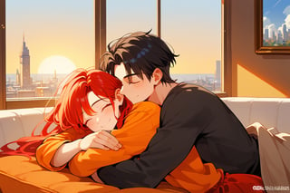 score_9, score_8_up, score_7_up, score_6_up, score_5_up, score_4_up,

1girl (red hair), long_hair, hug, 1boy (black hair), a very handsome man, boy and girl lying on the orange couch, inside of department, boy hugs the girl from behind, covered with a brown blanket, eyes closed, smiling,girl wearing a sexy top, hetero, black clothes, image far from here, crepusculo_sky(picture window) sun, sky, long_sleeves, perfect hands, cityscape, jaeggernawt,girlnohead