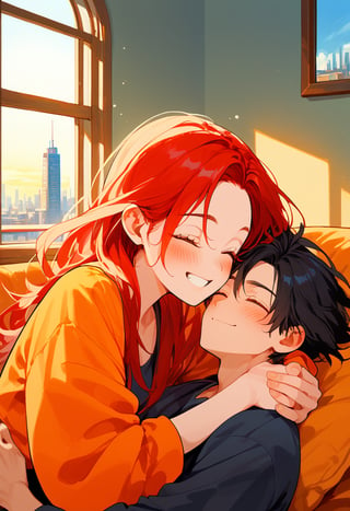 score_9, score_8_up, score_7_up, score_6_up, score_5_up, score_4_up,

1girl (red hair), long_hair, hug, 1boy (black hair), a very handsome man, boy and girl lying on the orange couch, inside of department, boy the boy is on top of the girl, sexy face, girl's shirt raised a little, blushing, eyes closed, smiling, hetero, black clothes, image far from here, crepusculo_sky(picture window) sun, sky, long_sleeves, perfect hands, cityscape, jaeggernawt,girlnohead