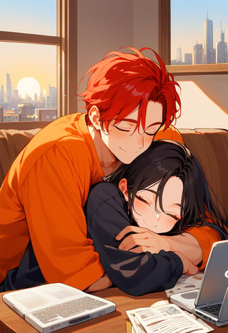 score_9, score_8_up, score_7_up, score_6_up, score_5_up, score_4_up,

1girl (red hair), long_hair, hug, 1boy (black hair), a very handsome man, boy and girl lying on the orange couch, inside of department, boy hugs the girl from behind, covered with a brown blanket, eyes closed, smiling,brown coffe table (brown)in front with many papers and a laptop on thr table, hetero, black clothes, image far from here, crepusculo_sky(picture window) sun, sky, long_sleeves, perfect hands, cityscape, jaeggernawt,girlnohead