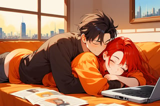 score_9, score_8_up, score_7_up, score_6_up, score_5_up, score_4_up,

1girl (red hair), long_hair, hug, 1boy (black hair), a very handsome man, boy and girl lying on the orange couch, inside of department, boy hugs the girl from behind, covered with a brown blanket, eyes closed, smiling,brown coffe table (brown)in front with many papers and a laptop on thr table, hetero, black clothes, image far from here, crepusculo_sky(picture window) sun, sky, long_sleeves, perfect hands, cityscape, jaeggernawt,girlnohead