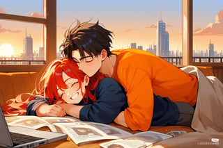 score_9, score_8_up, score_7_up, score_6_up, score_5_up, score_4_up,

1girl (red hair), long_hair, hug, 1boy (black hair), a very handsome man, boy and girl lying on the orange couch, inside of department, boy hugs the girl from behind, covered with a brown blanket, eyes closed, smiling,brown coffe table (brown)in front with many papers and a laptop on thr table, hetero, black clothes, image far from here, crepusculo_sky(picture window) sun, sky, long_sleeves, perfect hands, cityscape, jaeggernawt,girlnohead