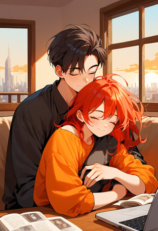 score_9, score_8_up, score_7_up, score_6_up, score_5_up, score_4_up,

1girl (red hair), long_hair, hug, 1boy (black hair), a very handsome man, boy and girl lying on the orange couch, inside of department, boy hugs the girl from behind, covered with a brown blanket, eyes closed, smiling,brown coffe table (brown)in front with many papers and a laptop on thr table, hetero, black clothes, image far from here, crepusculo_sky(picture window) sun, sky, long_sleeves, perfect hands, cityscape, jaeggernawt,girlnohead