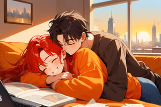 score_9, score_8_up, score_7_up, score_6_up, score_5_up, score_4_up,

1girl (red hair), long_hair, hug, 1boy (black hair), a very handsome man, boy and girl lying on the orange couch, inside of department, boy hugs the girl from behind, covered with a brown blanket, eyes closed, smiling,brown coffe table (brown)in front with many papers and a laptop on thr table, hetero, black clothes, image far from here, crepusculo_sky(picture window) sun, sky, long_sleeves, perfect hands, cityscape, jaeggernawt,girlnohead