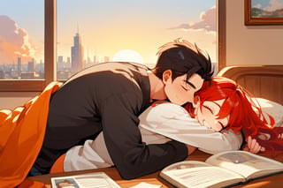 score_9, score_8_up, score_7_up, score_6_up, score_5_up, score_4_up,

1girl (red hair), long_hair, hug, 1boy (black hair), a very handsome man, boy and girl lying on the orange couch, inside of department, boy hugs the girl from behind, covered with a brown blanket, eyes closed, smiling,girl wearing a sexy top, brown coffe table (brown)in front with many papers and a laptop on thr table, hetero, black clothes, image far from here, crepusculo_sky(picture window) sun, sky, long_sleeves, perfect hands, cityscape, jaeggernawt,girlnohead