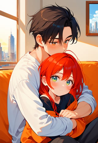 score_9, score_8_up, score_7_up, score_6_up, score_5_up, score_4_up,

1girl (red hair), long_hair, hug, 1boy (black hair), a very handsome man, boy and girl lying on the orange couch, inside of department, boy the boy is on top of the girl, sexy face, girl's shirt raised a little, blushing, hetero, black clothes, image far from here, crepusculo_sky(picture window) sun, sky, long_sleeves, perfect hands, cityscape, jaeggernawt,girlnohead