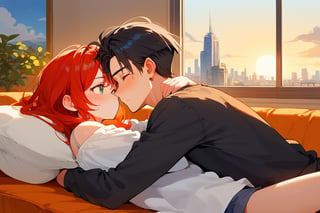 score_9, score_8_up, score_7_up, score_6_up, score_5_up, score_4_up,

1girl (red hair), long_hair, hug, 1boy (black hair), a very handsome man, boy and girl lying on the orange couch, inside of department, boy the boy is on top of the girl, sexy face, girl's shirt raised a little, blushing, hetero, black clothes, image far from here, crepusculo_sky(picture window) sun, sky, long_sleeves, perfect hands, cityscape, jaeggernawt,girlnohead