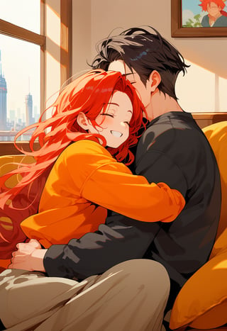 score_9, score_8_up, score_7_up, score_6_up, score_5_up, score_4_up,

1girl (red hair), long_hair, hug, 1boy (black hair), a very handsome man, boy and girl lying on the orange couch, inside of department, boy hugs the girl from behind, covered with a brown blanket, eyes closed, smiling, hetero, black clothes, image far from here, crepusculo_sky(picture window) sun, sky, long_sleeves, perfect hands, cityscape, jaeggernawt,girlnohead