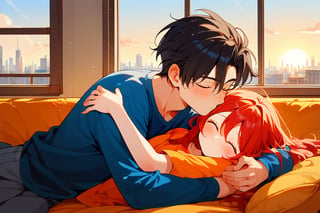 score_9, score_8_up, score_7_up, score_6_up, score_5_up, score_4_up,

1girl (red hair), long_hair, hug, 1boy (black hair), a very handsome man, boy and girl lying on the orange couch, inside of department, boy the boy is on top of the girl, sexy face, girl's shirt raised a little, blushing, hetero, black clothes, image far from here, crepusculo_sky(picture window) sun, sky, long_sleeves, perfect hands, cityscape, jaeggernawt,girlnohead