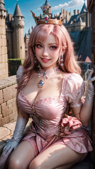 Peach_SMP,  masterpiece, best quality, highres, full body, far view, pch, pink dress, brooch, puffy sleeves, short sleeves, smile, elbow gloves, earrings, crown, outside of castle, view from higher, detailed face, long leg, 4k, wear pink high heel