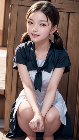 Shizuka, (masterpiece, best quality:1.4), Poses that fascinate a man, seducing smile, class background, 1girl, solo, with her black short hair styled in low twin pigtails,  she exudes an air of innocence and playfulness.Dressed in a japanese school girl uniform. Her eyes sparkle with youthful curiosity,  radiating her youthful charm.The portrait immortalizes the grace and beauty of the young teen. Poses that fascinate a man、seducing smile,  reflecting her vibrant personality, chinatsumura face,8k, high res, best quality, big brest, detailed face,chinatsumura