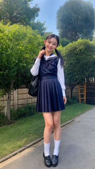 Shizuka, (masterpiece, best quality:1.4), (full body:1.5), (standing:1.5), 1girl, solo, with her black short hair styled in low twin pigtails,  she exudes an air of innocence and playfulness.Dressed in a japanese school girl uniform. Her eyes sparkle with youthful curiosity,  radiating her youthful charm.The portrait immortalizes the grace and beauty of the young teen. Poses that fascinate a man、seducing smile,  reflecting her vibrant personality, chinatsumura face,8k, high res, best quality, big brest, detailed face