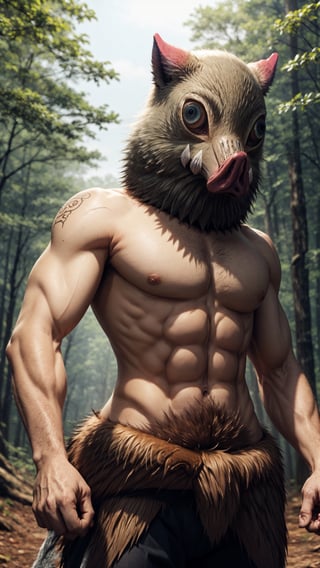 masterpiece, best quality,  1boy, inosukemask, mask, animal, cowboy shot, abs, action pose, forest background 