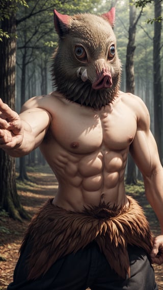 masterpiece, best quality,  1boy, inosukemask, mask, animal, cowboy shot, abs, action pose, forest background 