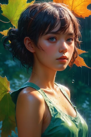 an autumn leaf pixie girl on a leaf in the rain, The agis man and the world of space adventure, photo realism, 8k resolution,, garden, trending on artstation, 4k, intricate details, highly detailed, pencil drawing, sketching, unreal engine, greg rutkowski, loish, rhads, beeple, makoto shinkai and lois van baarle, ilya kuvshinov, rossdraws, tom bagshaw, alphonse mucha, oil painting, heavy strokes, paint dripping, oil painting, heavy strokes, paint dripping