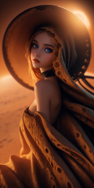 Beautiful alien woman on mars looking straight into viewer with love in her perfect identical eyes, hyperdetailed, art style sci-fi, 64k resolution Kodak art photography, Leonardo Da Vinci inspired artist,Masterpiece