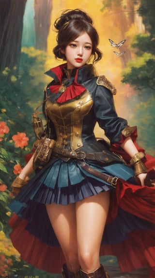 Bright colors, impressionism, beautiful women, game characters, kind personalities, elegance, combed hair, women wearing steampunk outerwear and pleated miniskirts, sparkling accessories, heroines, and vast expanses of land rich in nature. Background, (((Comic Book))), (((manga style))), insanely detailed, (((masterpiece))), best quality, 8k, ultra high res, High contrast and low saturation, (((Anatomy-based character design)), by BoochaN,oilpainting