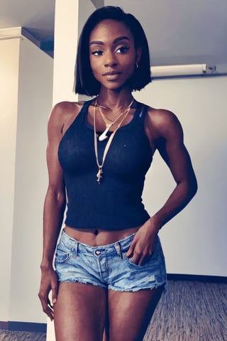 Full body view, 23 year old, Black women, long denim shorts, large butt, dark skin, 24 inch waist, standing in classroom, view from rear, white nike shoes, long black socks,Dina,modelshoot style, dina_eyes