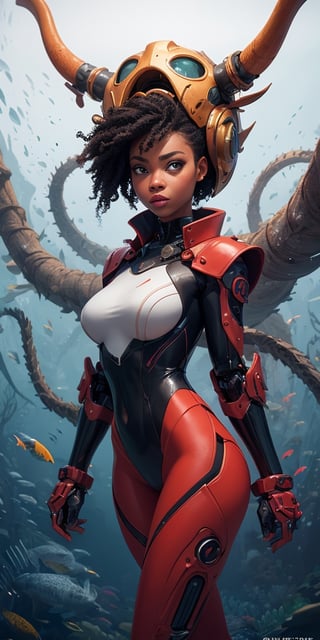 a african_girl, thunder red jacket, tight suit, full_lips, large_tits, Space helm of the 1980s,and the anime series afrom_samurai, Fantastic, afro_hair Surrealism, Post-apocalyptic, Cute Illustration, Bio-Robotic Art, Fantasy Digital Painting, Fantasy Landscapes, Dragon with a futurastic underwater helm Fantasy, Art, Surrealism, Geomorphologie-Kunst, Fluid Art, Underwater Photography, Biomechanical Sculpture, Kemono, Beautiful african_Girl Turned to the Camera, White Background, 3D Vector Art, Morenike “Renike” Olusanya,  Detailedface, Detailedeyes, 1 girl, big_booty, dark_brown_skin, large_thighs