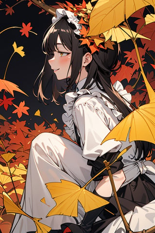 (Botanical art background:1.3),1girl, from side, profile, (close-up:1.2), dynamic pose, sitting, chubby, long hair, maid dress, boots, smile, autumn, lots of maple leaves and ginkgo trees with red leaves