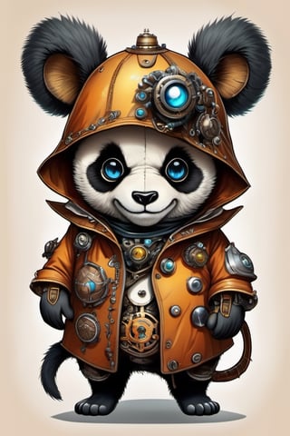 Cute, plump, little, furry, futuristic panda-like creature. steampunk style. wearing a purple leather trench coat peeks out from the alley of a busy City Street in a futuristic hidden kingdom in the background. Kind eyes, funny smirk, Tim Burton, Jason Middlebrook, Artur Bordalo, Toshie Kawamura, Brian Froud, symmetry, divine ratio, complex, chiaroscuro, luminism,  intricate colored pencil and ink illustration, thin lines, vivid colors, sharp focus, detailed features, crisp insanely detailed faces, ultra-detailed, concept art, light leaks, trending on artstation, sharp focus, intricate details, highly detailed. By aruffo3, steampunk style,steampunk,Leonardo Style,vector art illustration