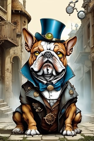 Cute, plump, little, furry, futuristic bulldog-like creature. steampunk style. wearing a patched purple and blue leather trench coat peeks walking through an alley of a busy City Street in a futuristic hidden kingdom in the background. Kind eyes, funny smirk, Tim Burton, Jason Middlebrook, Artur Bordalo, Toshie Kawamura, Brian Froud, symmetry, divine ratio, complex, chiaroscuro, luminism,  intricate colored pencil and ink illustration, thin lines, vivid colors, sharp focus, detailed features, crisp insanely detailed faces, ultra-detailed, concept art, trending on artstation, sharp focus, intricate details, highly detailed. By aruffo3, steampunk style,steampunk,Leonardo Style,vector art illustration