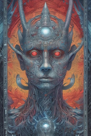 Cosmic Creature, grotesque, highly detailed face, sci-fi, intricate artwork, concept art, graphite and colored pencil illustration, red, blue, teal, purple, yellow, orange, dark fantasy, ominous, symmetry, divine ratio, Visionary, mystical anatomy, vivid surrealism, consciousness, digital fantasy, dark whimsy, world-building, mythology, grotesque horror, surrealistic detailed atmosphere, storytelling symbolism, bold gritty ink, supernatural.