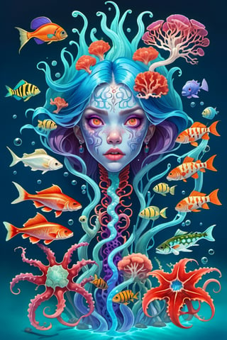 in the style of Sabbas Apterus and Kerem Beyit, a terrifying sea creature made of Sea Coral, underwater, shools of fish, kelp, seaweed, menacing, magical, blue, red, purple, cyan, white, complex and vibrant colors, highly detailed, chiaroscuro, symmetry, dark comic, graphite pencil illustration, Concept art, by aruffo3
,Monster