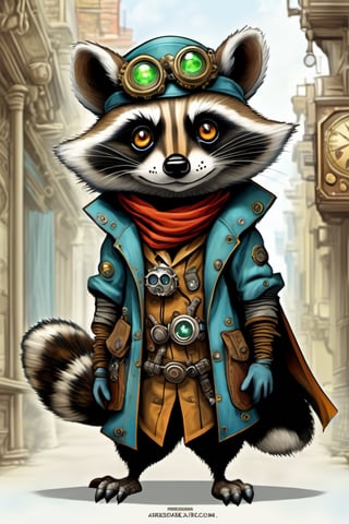 Cute, plump, little, furry, futuristic raccoon-like creature. steampunk style. wearing a purple patched leather trench coat peeks walking through an alley of a busy City Street in a futuristic hidden kingdom in the background. Kind eyes, funny smirk, Tim Burton, Jason Middlebrook, Artur Bordalo, Toshie Kawamura, Brian Froud, symmetry, divine ratio, complex, chiaroscuro, luminism,  intricate colored pencil and ink illustration, thin lines, vivid colors, sharp focus, detailed features, crisp insanely detailed faces, ultra-detailed, concept art, trending on artstation, sharp focus, intricate details, highly detailed. By aruffo3, steampunk style,steampunk,Leonardo Style,vector art illustration