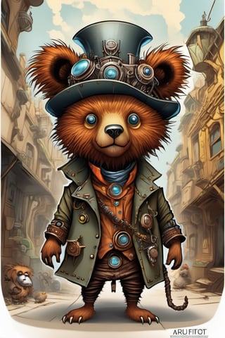 Cute, plump, little, furry, futuristic bear-like creature. dreadlocks steampunk style. wearing a purple leather trench coat peeks out from the alley of a busy City Street in a futuristic hidden kingdom in the background. Kind eyes, funny smirk, Tim Burton, Jason Middlebrook, Artur Bordalo, Toshie Kawamura, Brian Froud, symmetry, divine ratio, complex, chiaroscuro, luminism,  intricate colored pencil and ink illustration, thin lines, vivid colors, sharp focus, detailed features, crisp insanely detailed faces, ultra-detailed, concept art, light leaks, trending on artstation, sharp focus, intricate details, highly detailed. By aruffo3, steampunk style,steampunk,Leonardo Style,vector art illustration